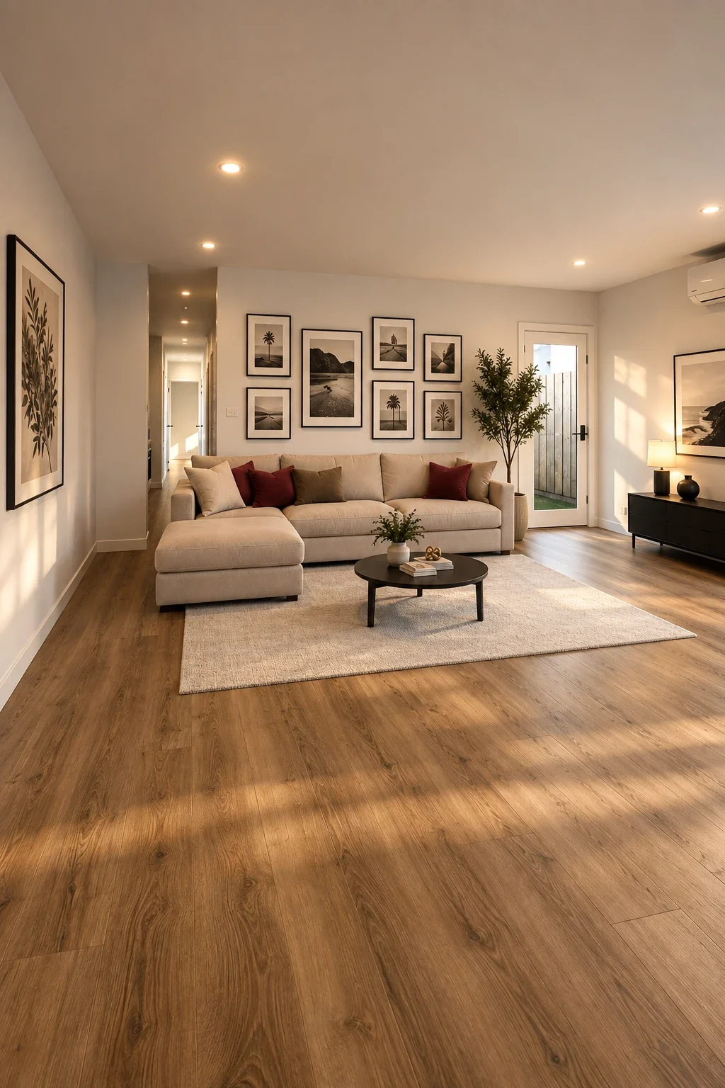 Living room with timber-look flooring, a sofa and framed prints