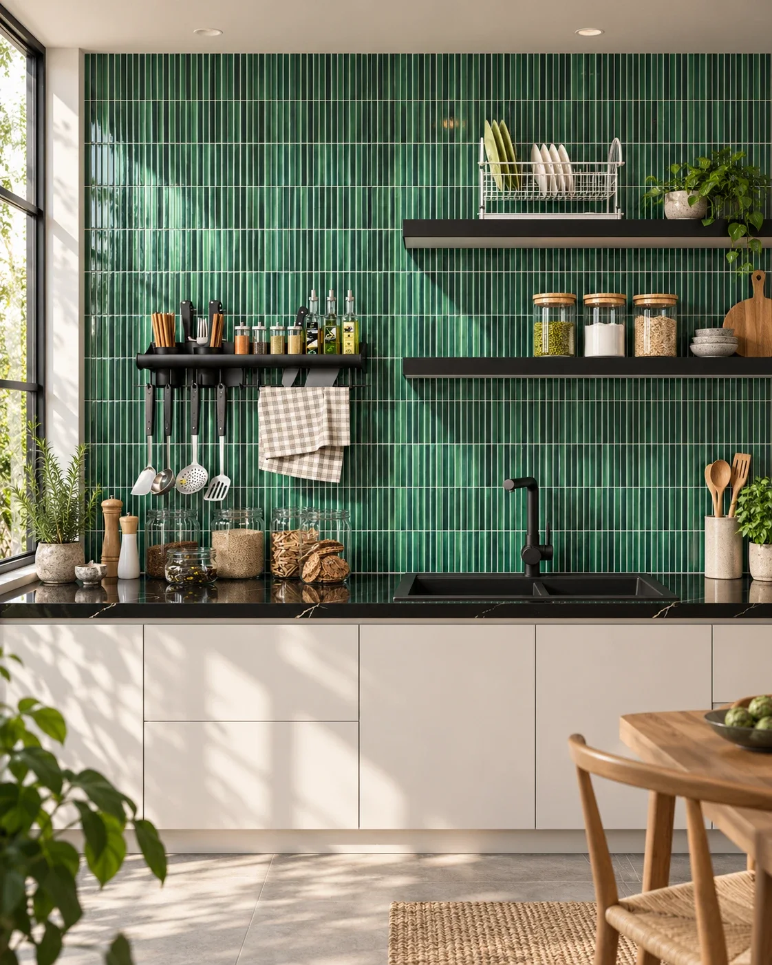 Green vertical mosaic kitchen splashback with black shelves