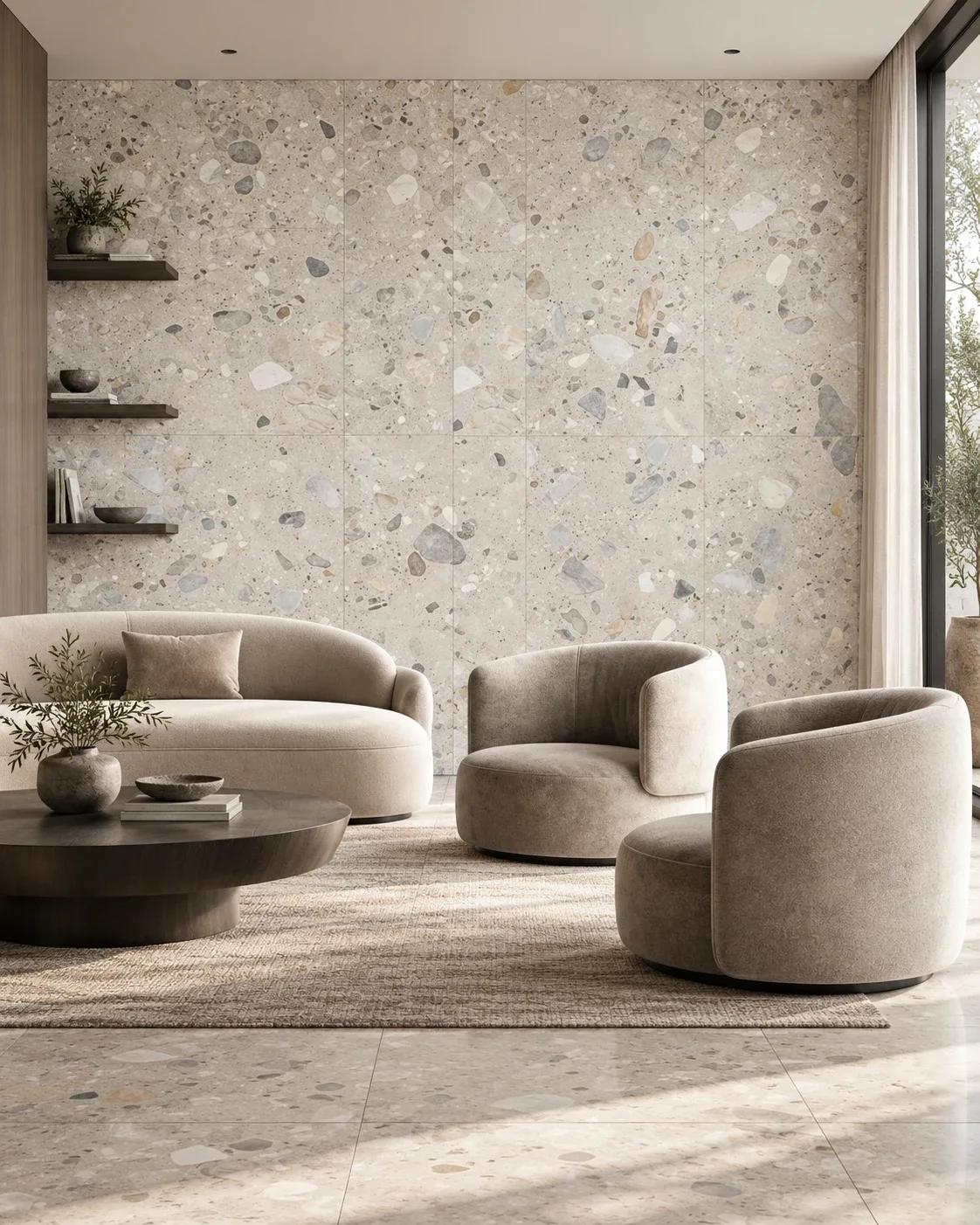 Large terrazzo wall and floor tiles in a living room