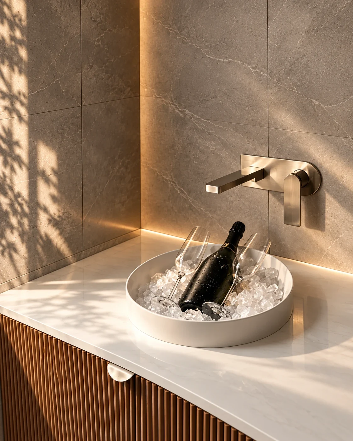 Round basin holding a bottle on ice, with a wall-mounted brushed tap, stone wall tiles and a timber vanity